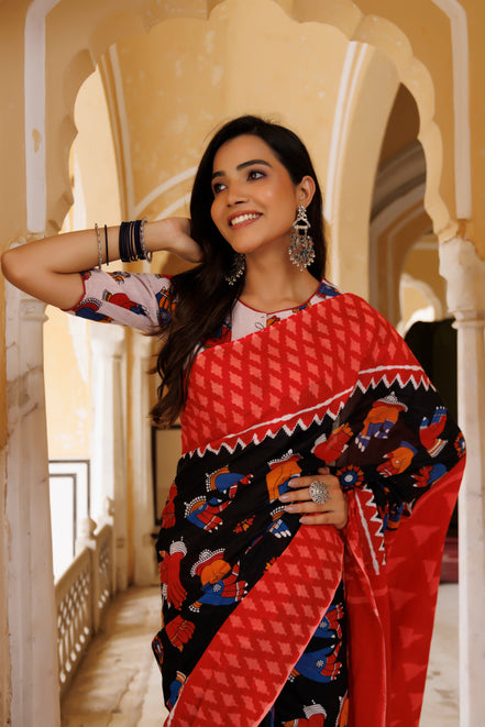 Ragini Red & Black Handblock Mulmul Cotton Saree – Festive Heritage Elegance