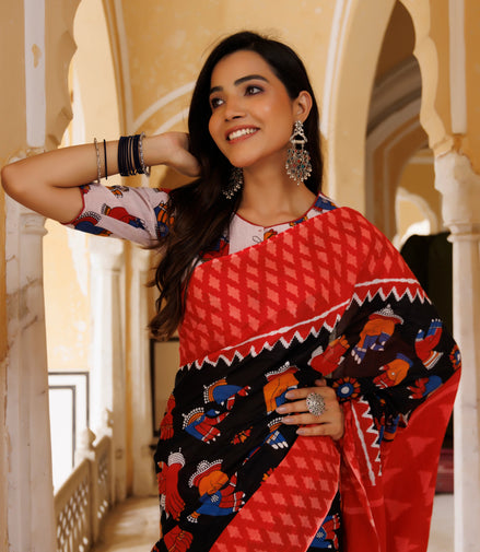 Ragini Red & Black Handblock Mulmul Cotton Saree – Festive Heritage Elegance