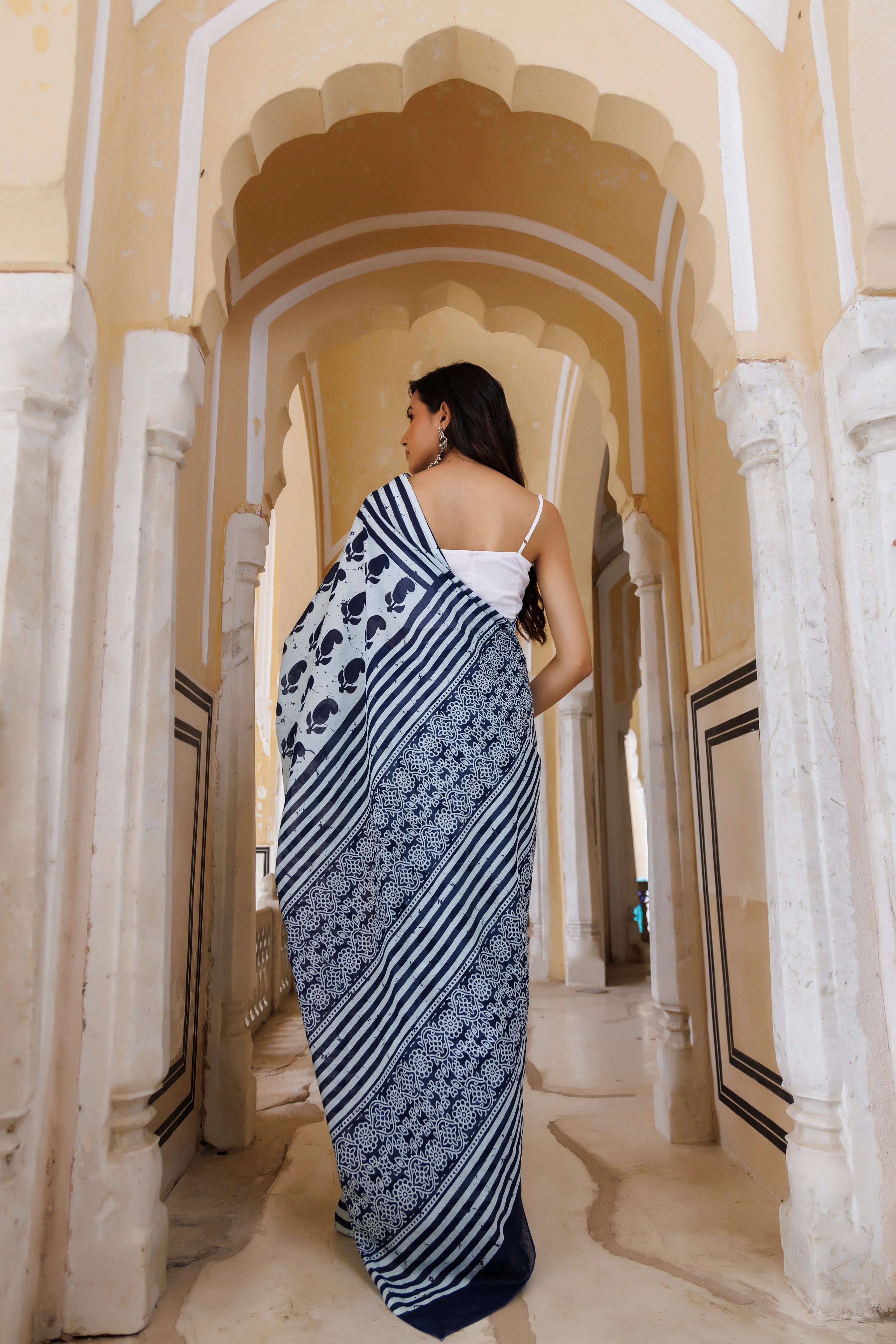 Vasudha Indigo Handblock Mulmul Cotton Saree – Heritage Blooms in Every Drape