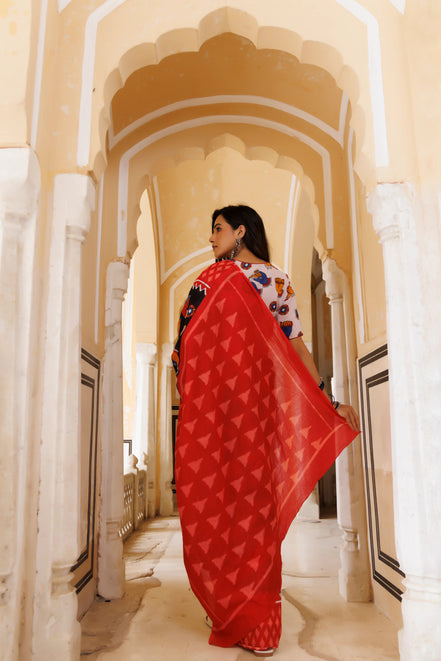 Ragini Red & Black Handblock Mulmul Cotton Saree – Festive Heritage Elegance