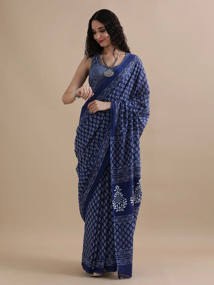 Shyama Indigo Mulmul Cotton Saree – Handblock Elegance in Lightweight Drapes