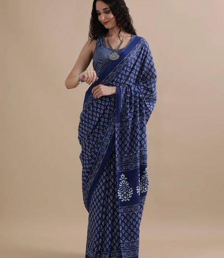 Shyama Indigo Mulmul Cotton Saree – Handblock Elegance in Lightweight Drapes