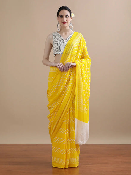 Kanak Yellow Mulmul Cotton Saree – Handblock Print | Sunshine Elegance