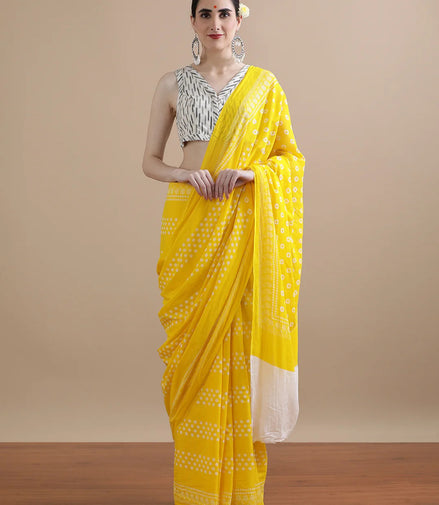 Kanak Yellow Mulmul Cotton Saree – Handblock Print | Sunshine Elegance