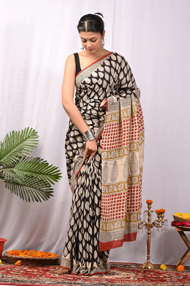 Heritage Black & Beige Pure Cotton Handblock Saree