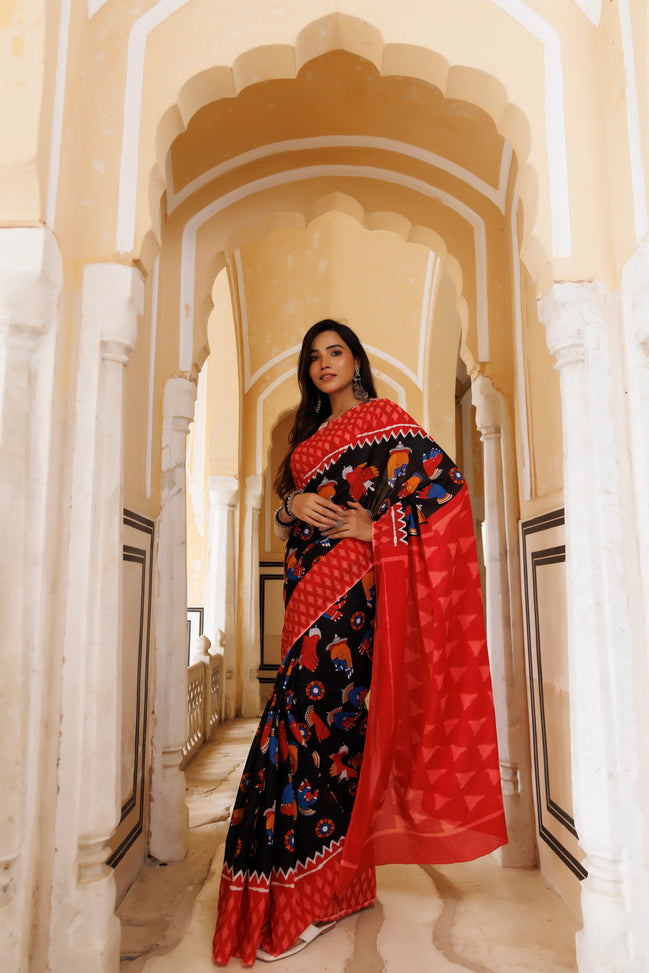 Ragini Red & Black Handblock Mulmul Cotton Saree – Festive Heritage Elegance