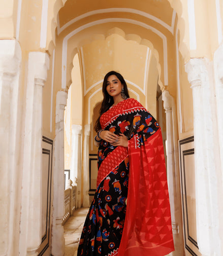 Ragini Red & Black Handblock Mulmul Cotton Saree – Festive Heritage Elegance