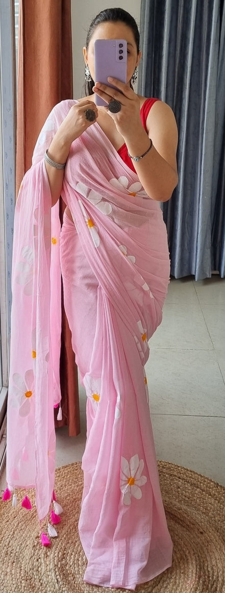 Charita Mulmul Cotton Hand-Painted Daisy Saree