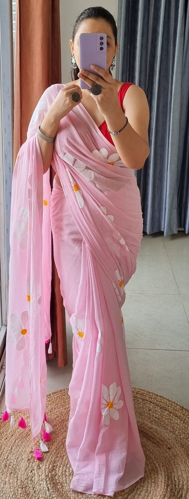 Charita Mulmul Cotton Hand-Painted Daisy Saree