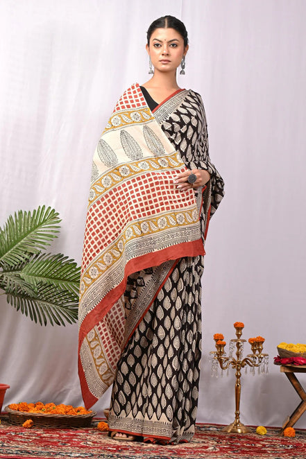 Heritage Black & Beige Pure Cotton Handblock Saree
