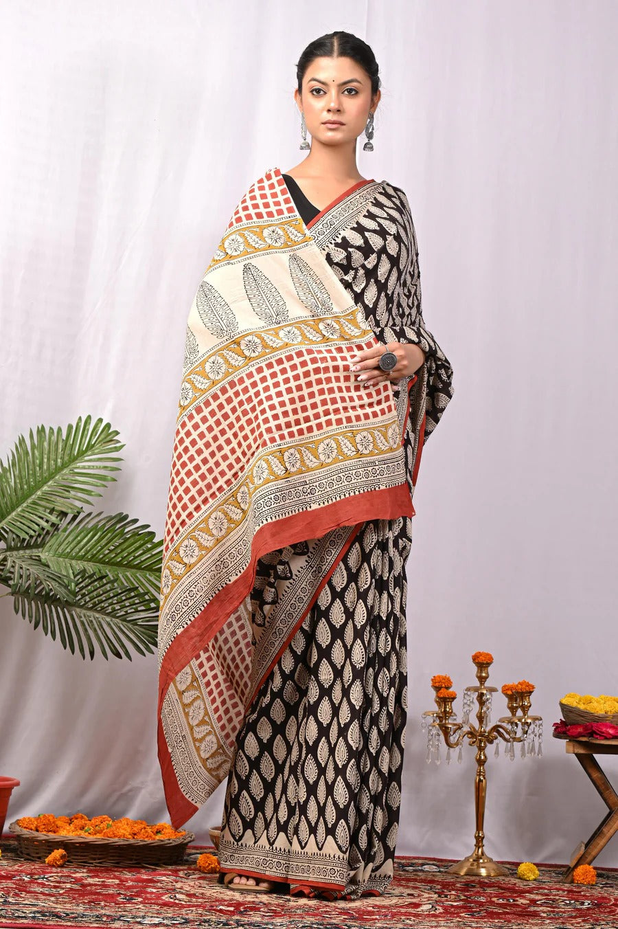 Heritage Black & Beige Pure Cotton Handblock Saree