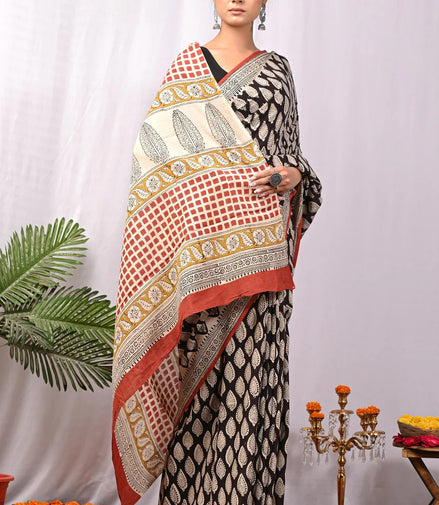 Heritage Black & Beige Pure Cotton Handblock Saree