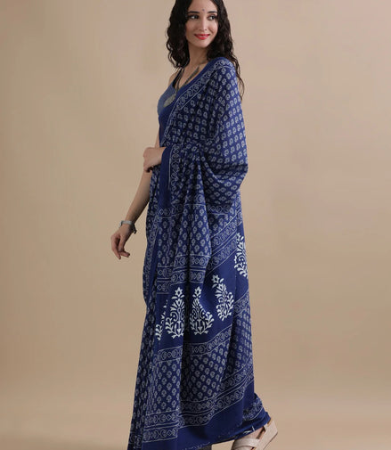 Shyama Indigo Mulmul Cotton Saree – Handblock Elegance in Lightweight Drapes