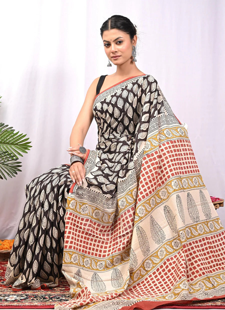 Heritage Black & Beige Pure Cotton Handblock Saree
