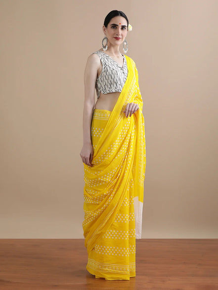 Kanak Yellow Mulmul Cotton Saree – Handblock Print | Sunshine Elegance