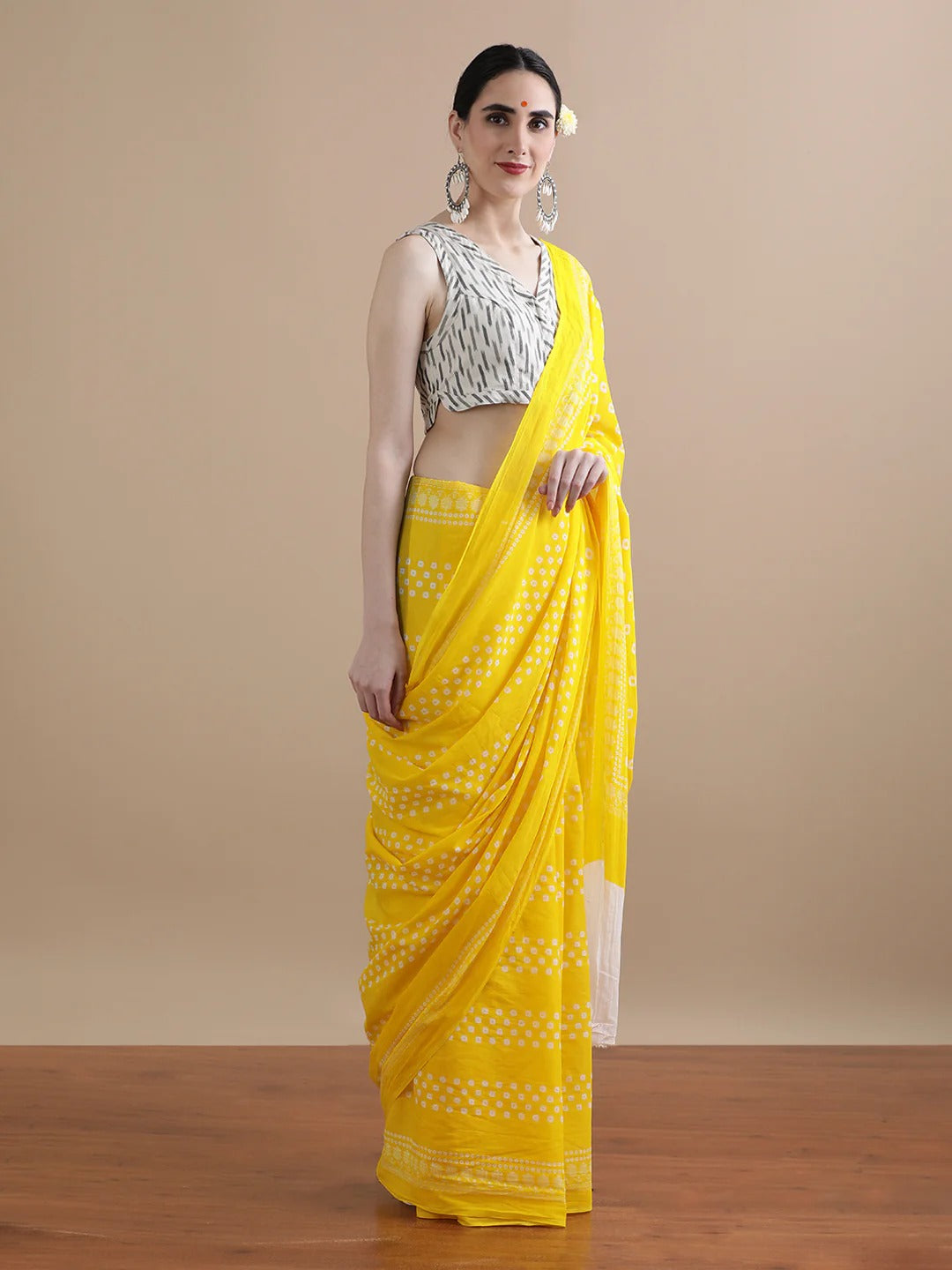 Kanak Yellow Mulmul Cotton Saree – Handblock Print | Sunshine Elegance
