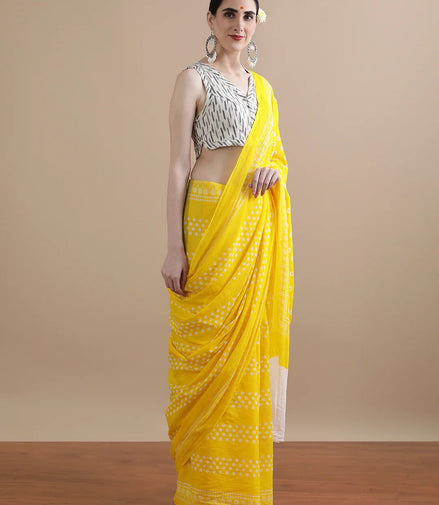 Kanak Yellow Mulmul Cotton Saree – Handblock Print | Sunshine Elegance