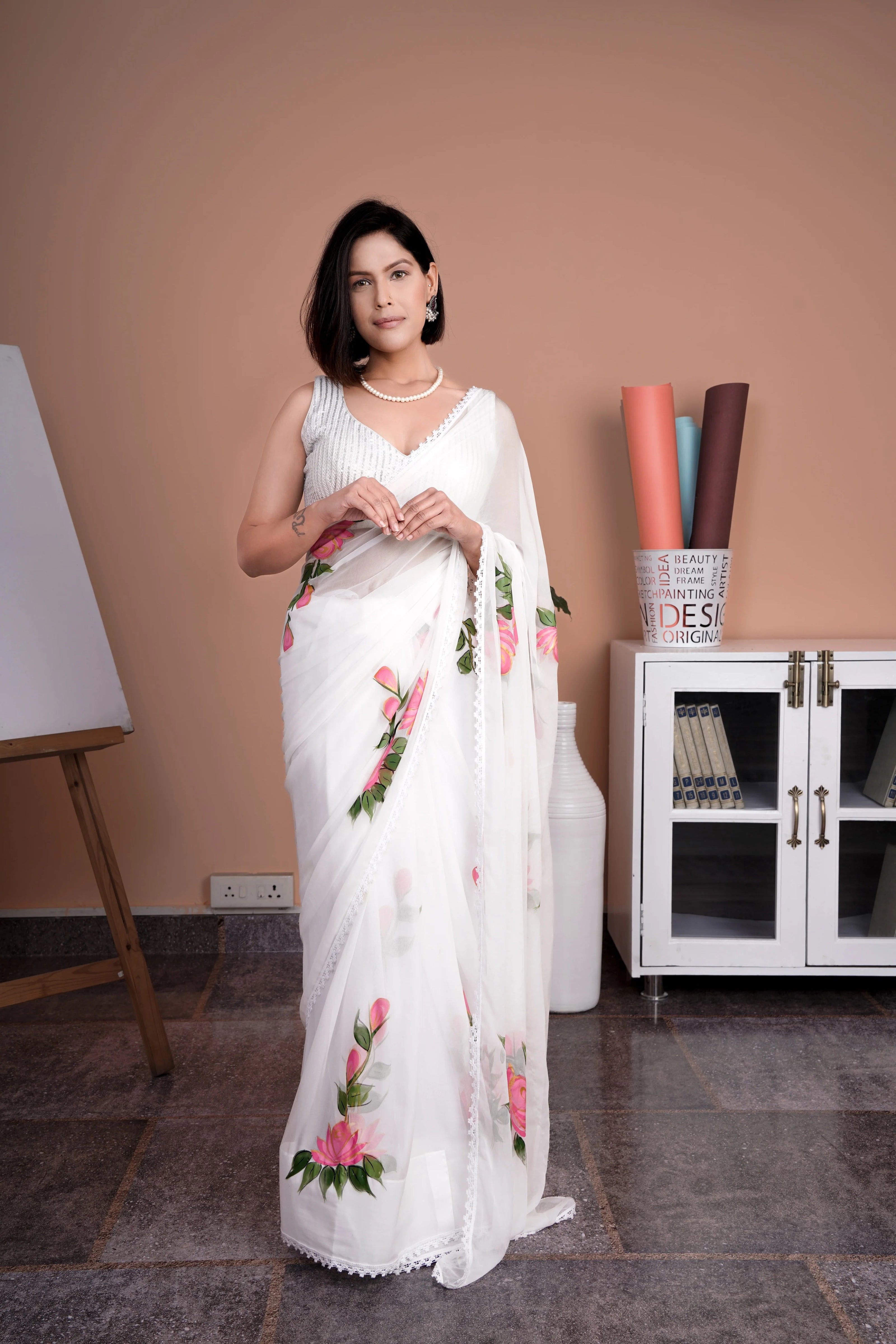 Sitara White Chiffon Hand-Painted Saree – Ethereal Elegance in Floral Art
