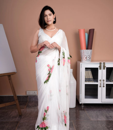 Sitara White Chiffon Hand-Painted Saree – Ethereal Elegance in Floral Art