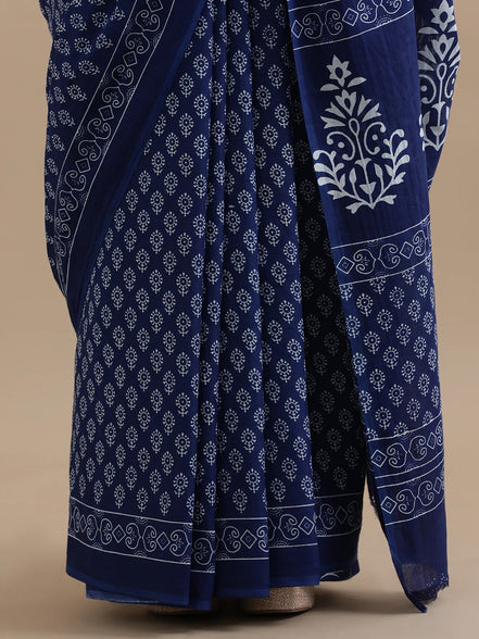 Shyama Indigo Mulmul Cotton Saree – Handblock Elegance in Lightweight Drapes