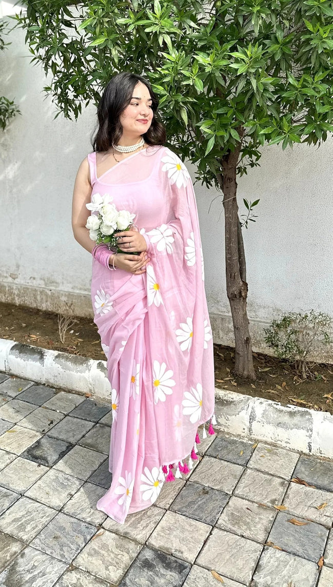 Charita Mulmul Cotton Hand-Painted Daisy Saree