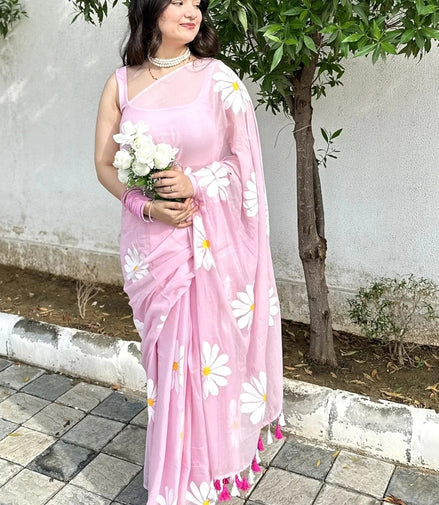 Charita Mulmul Cotton Hand-Painted Daisy Saree