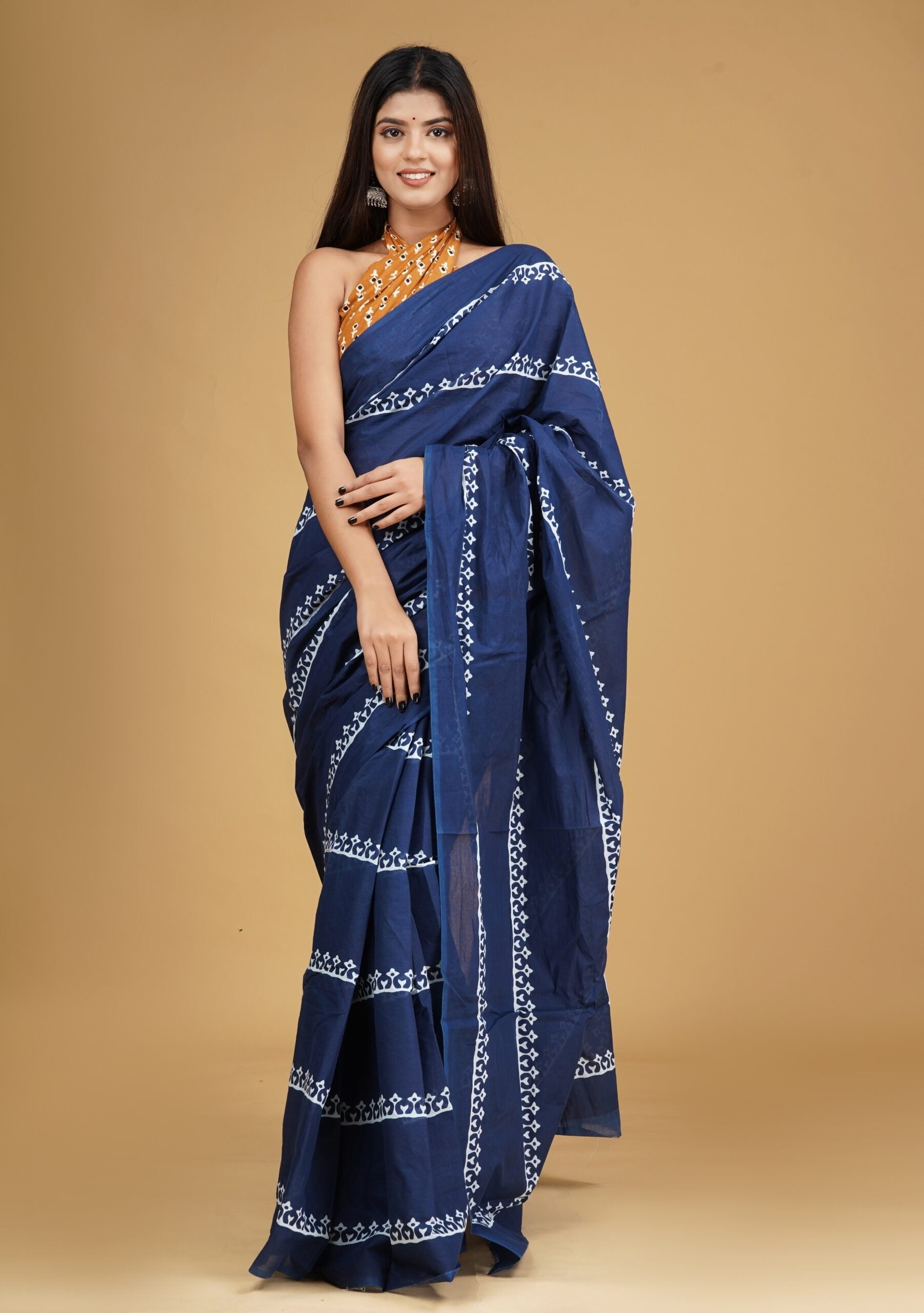 Mridula Indigo Mulmul Cotton Saree – Minimal Handblock Elegance