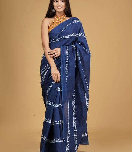 Mridula Indigo Mulmul Cotton Saree – Minimal Handblock Elegance