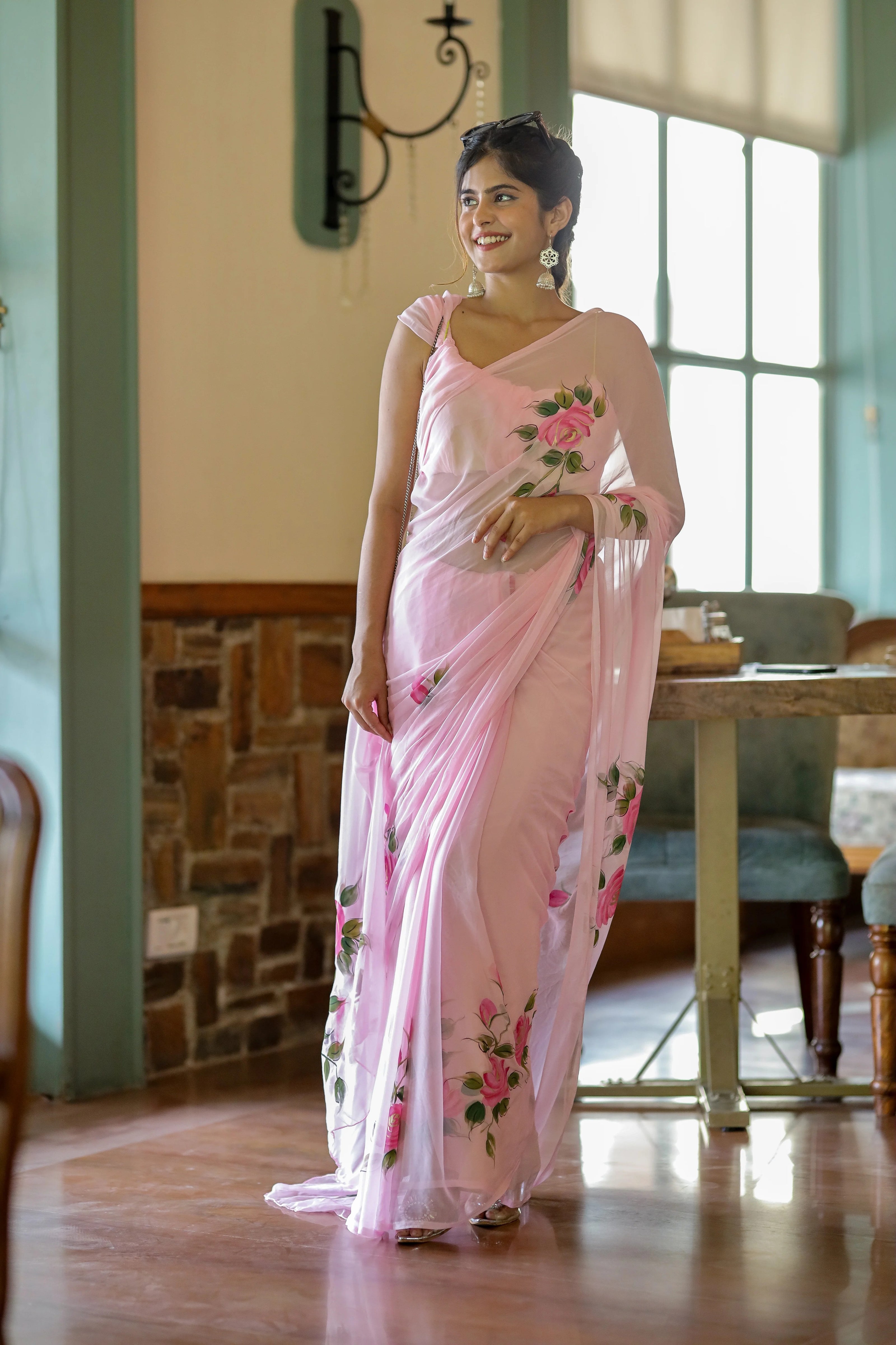 Pravya Pink Chiffon Hand-Painted Saree – Romantic Florals in a Dreamy Drape