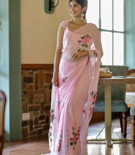 Pravya Pink Chiffon Hand-Painted Saree – Romantic Florals in a Dreamy Drape