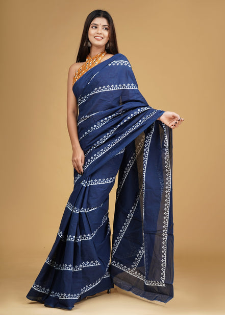Mridula Indigo Mulmul Cotton Saree – Minimal Handblock Elegance