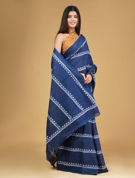 Mridula Indigo Mulmul Cotton Saree – Minimal Handblock Elegance