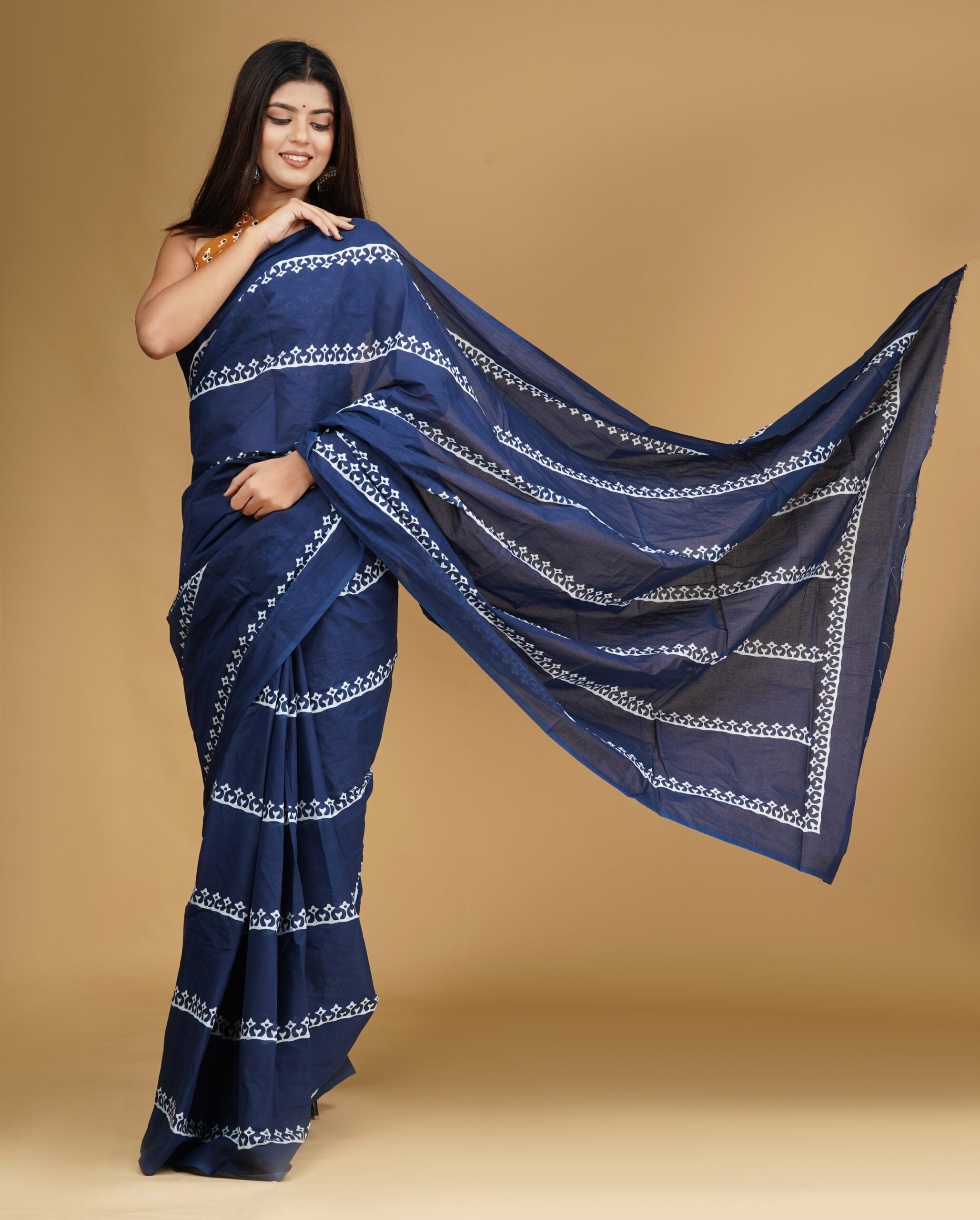 Mridula Indigo Mulmul Cotton Saree – Minimal Handblock Elegance
