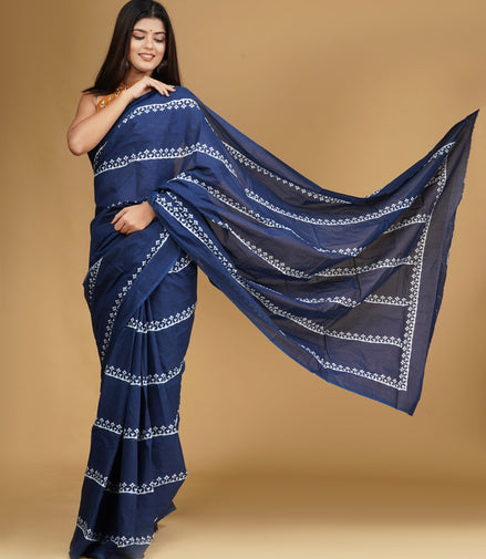 Mridula Indigo Mulmul Cotton Saree – Minimal Handblock Elegance