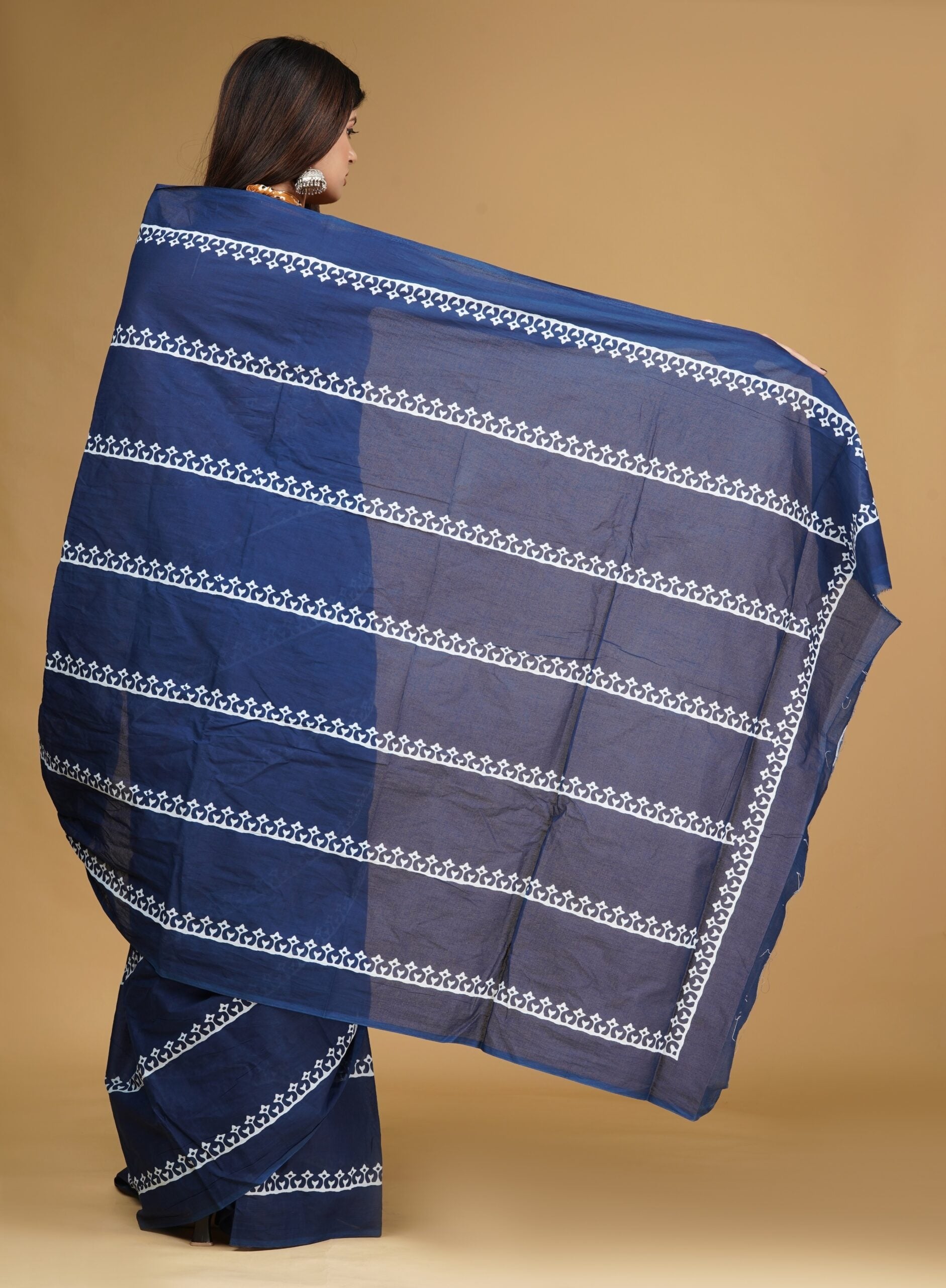 Mridula Indigo Mulmul Cotton Saree – Minimal Handblock Elegance