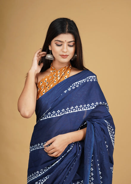 Mridula Indigo Mulmul Cotton Saree – Minimal Handblock Elegance