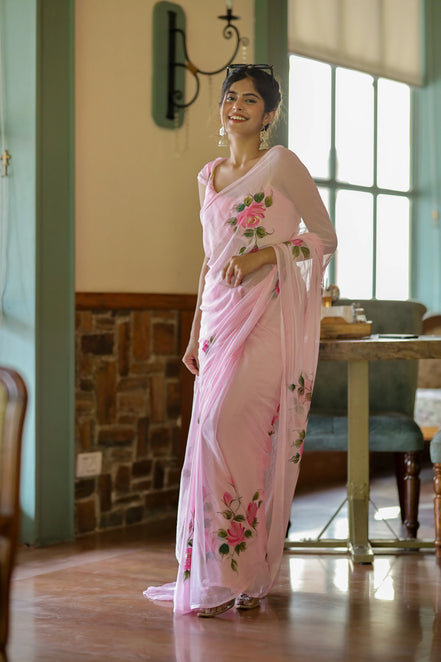Pravya Pink Chiffon Hand-Painted Saree – Romantic Florals in a Dreamy Drape