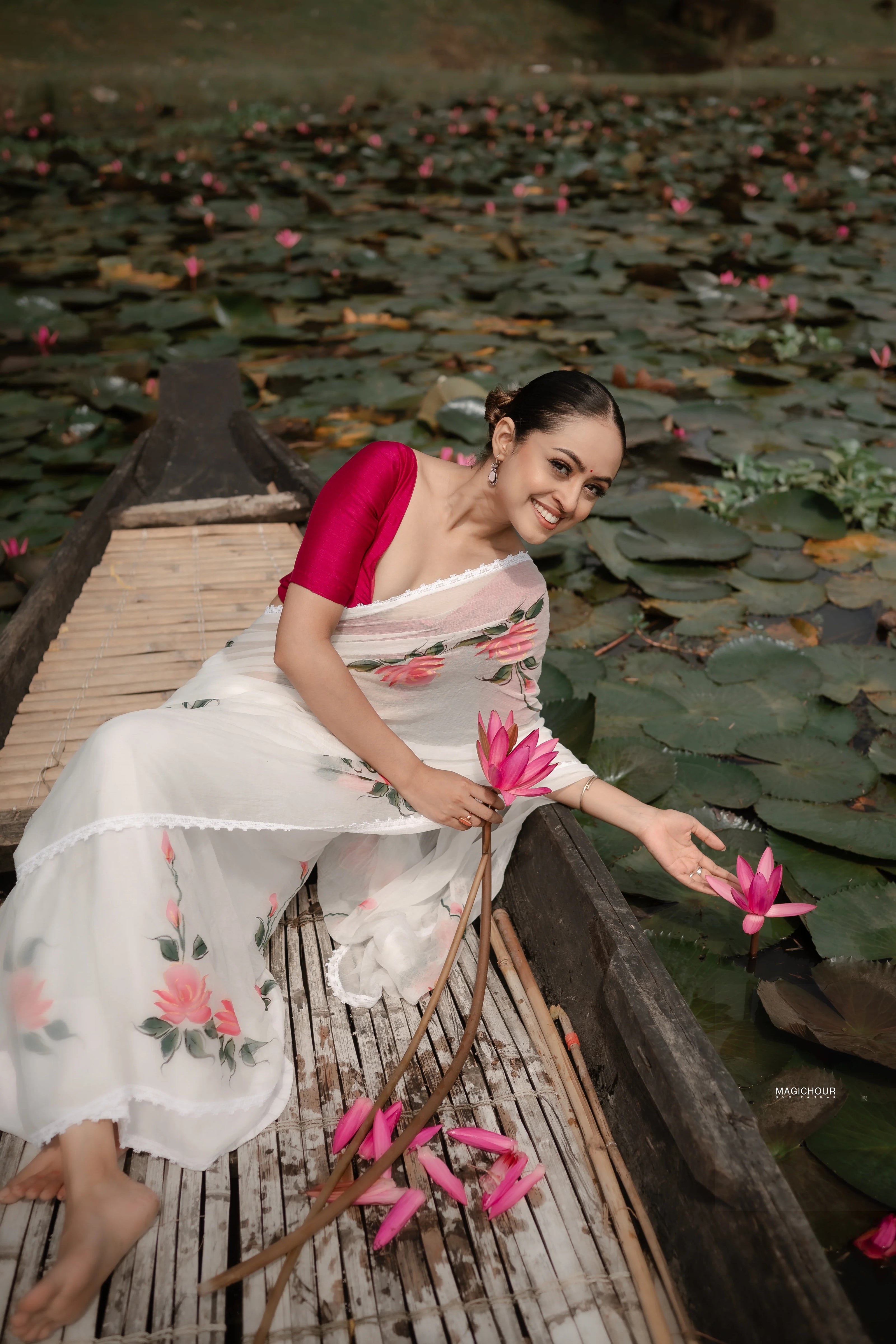 Sitara White Chiffon Hand-Painted Saree – Ethereal Elegance in Floral Art