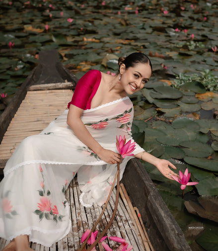 Sitara White Chiffon Hand-Painted Saree – Ethereal Elegance in Floral Art