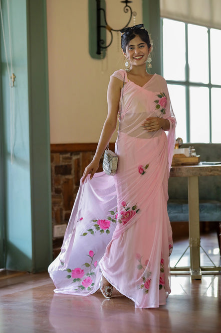 Pravya Pink Chiffon Hand-Painted Saree – Romantic Florals in a Dreamy Drape
