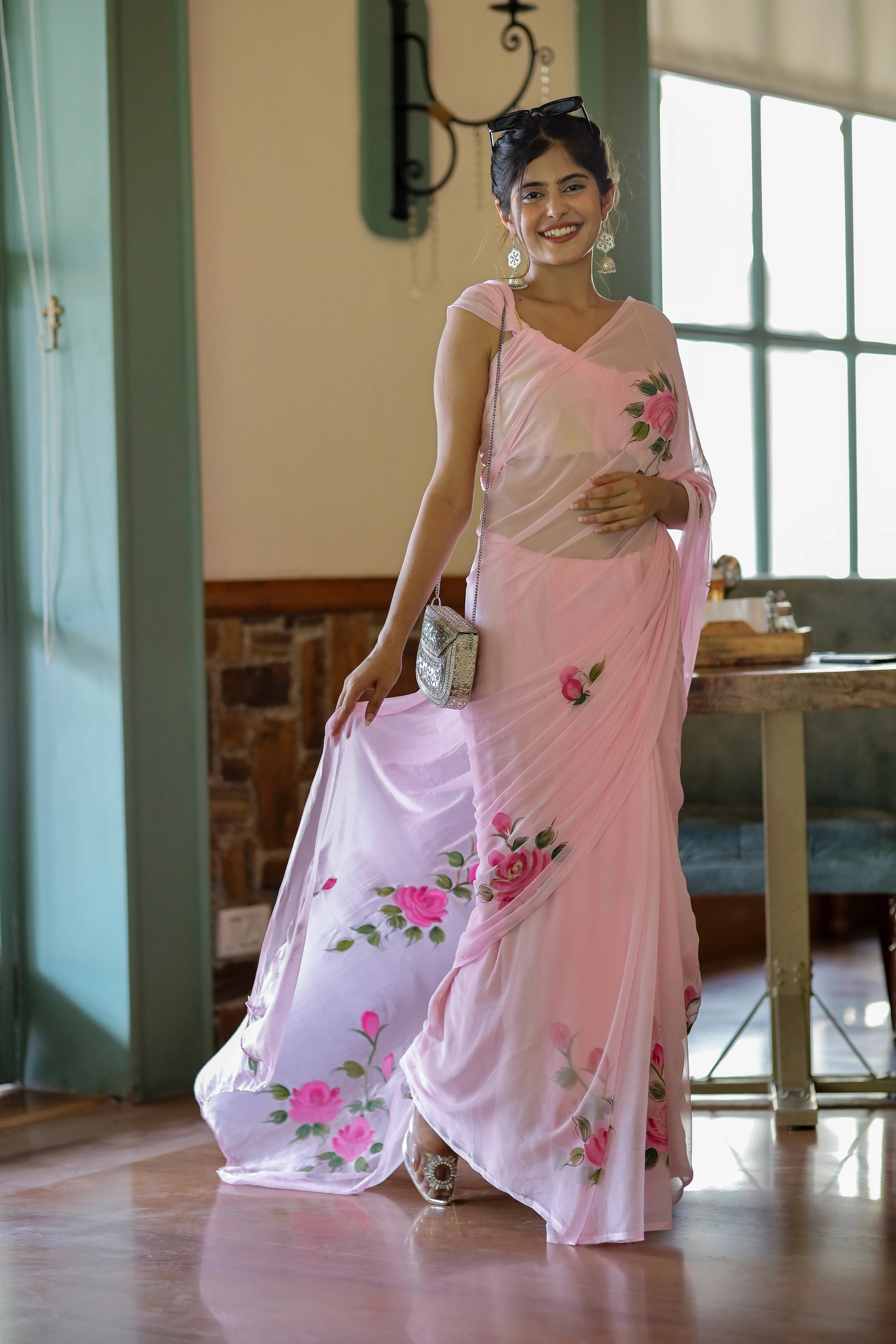 Pravya Pink Chiffon Hand-Painted Saree – Romantic Florals in a Dreamy Drape