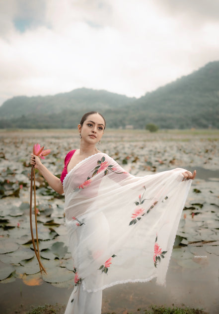Sitara White Chiffon Hand-Painted Saree – Ethereal Elegance in Floral Art