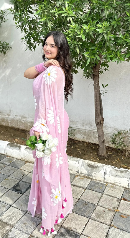 Charita Mulmul Cotton Hand-Painted Daisy Saree