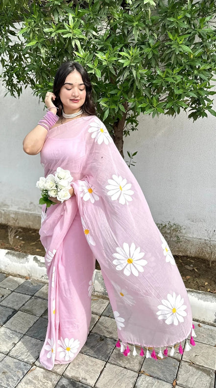 Charita Mulmul Cotton Hand-Painted Daisy Saree