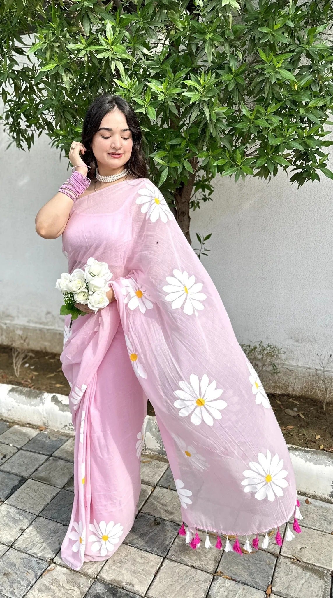 Charita Mulmul Cotton Hand-Painted Daisy Saree