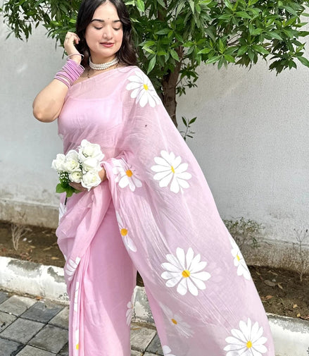Charita Mulmul Cotton Hand-Painted Daisy Saree