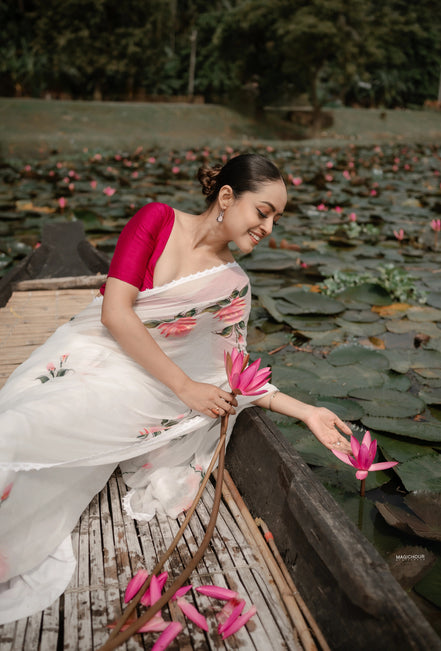Sitara White Chiffon Hand-Painted Saree – Ethereal Elegance in Floral Art
