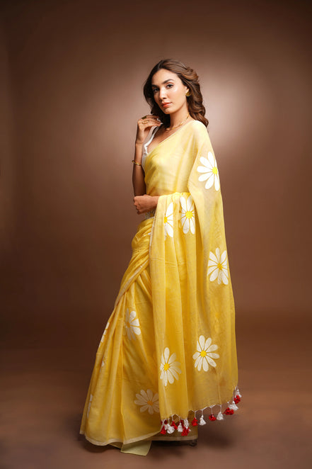 Kanak Mulmul Cotton Hand-Painted Daisy Saree