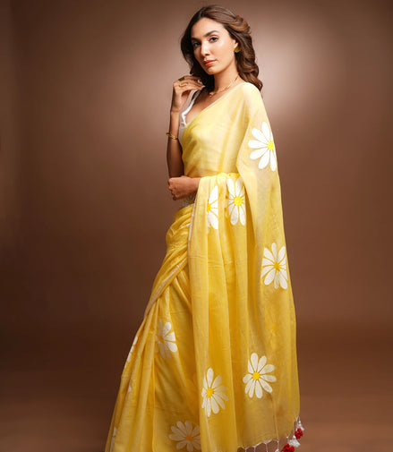 Kanak Mulmul Cotton Hand-Painted Daisy Saree