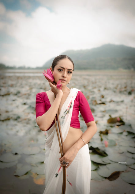 Sitara White Chiffon Hand-Painted Saree – Ethereal Elegance in Floral Art